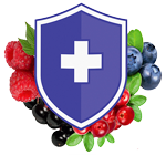 Natural Pharmaceuticals ImuBerin® Tarcza ochronna z krzyżykiem na tle świeżych owoców jagodowych symbolizująca wsparcie odporności.