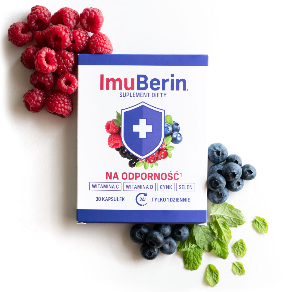 Natural Pharmaceuticals ImuBerin® Opakowanie suplementu ImuBerin® na odporność z witaminami C, D, cynkiem i selenem, obok świeżych malin, borówek i mięty.