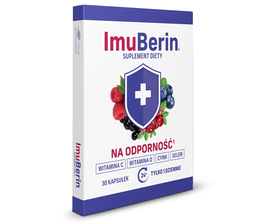 Natural Pharmaceuticals ImuBerin® Opakowanie suplementu diety ImuBerin® na odporność z witaminą C i ekstraktami owoców leśnych.