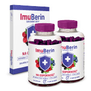 Natural Pharmaceuticals ImuBerin® Blister oraz dwie butelki suplementu diety ImuBerin® na odporność z witaminą C i ekstraktami owoców leśnych.