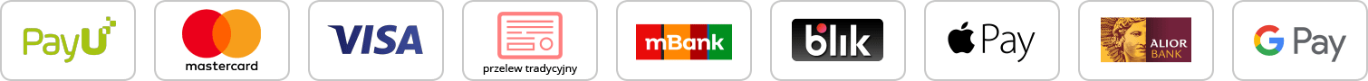 Natural Pharmaceuticals ImuBerin® Logotypy popularnych metod płatności online: PayU, Mastercard, Visa, przelew tradycyjny, mBank, blik, Apple Pay, Alior Bank, Google Pay.